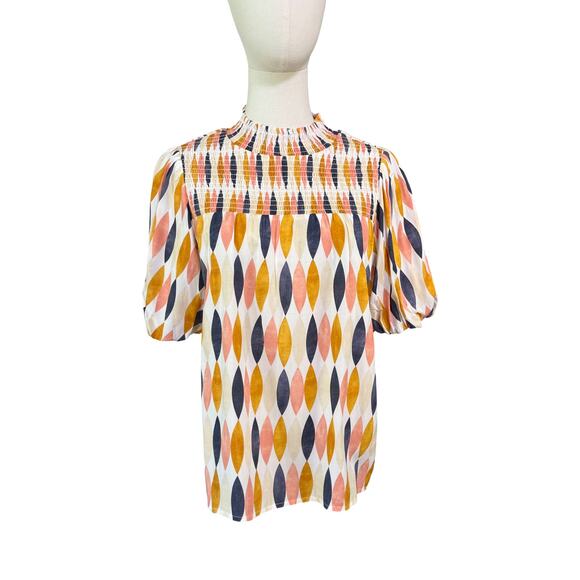 THML Smocked Neck Geometric Print Puff Sleeve Blouse Size S 100% Rayon - Picture 1 of 9